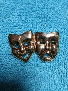 Gold Comedy-Tragedy Mask Brooch Pin